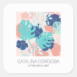 熱帯モダンモンステラ葉パターンピーチ/ミント スクエアシール