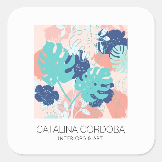 熱帯モダンモンステラ葉パターンピーチ/ミント スクエアシール (正面)