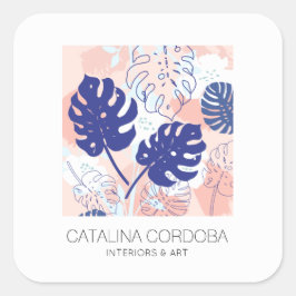熱帯モダンモンステラ葉柄ピーチ/ブルー スクエアシール