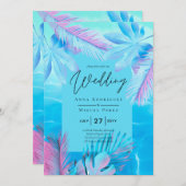 熱帯モダン夏アクアブルーピンク結婚ズ 招待状 (正面/裏面)