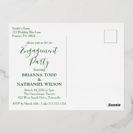 熱帯モダン婚約パーティ招待状金ゴールド 箔招待状ポストカード (裏面)