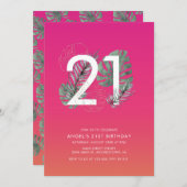 熱帯モダン明るい赤紫色21歳の誕生日 招待状 (正面/裏面)