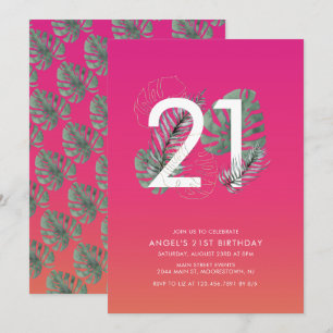 熱帯モダン明るい赤紫色21歳の誕生日 招待状