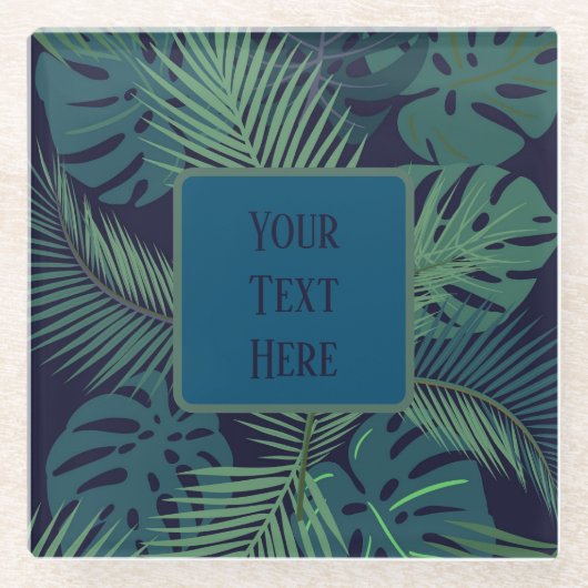 熱帯モダン暗椰子の葉、イチジク葉ジャングル ガラスコースター (正面)