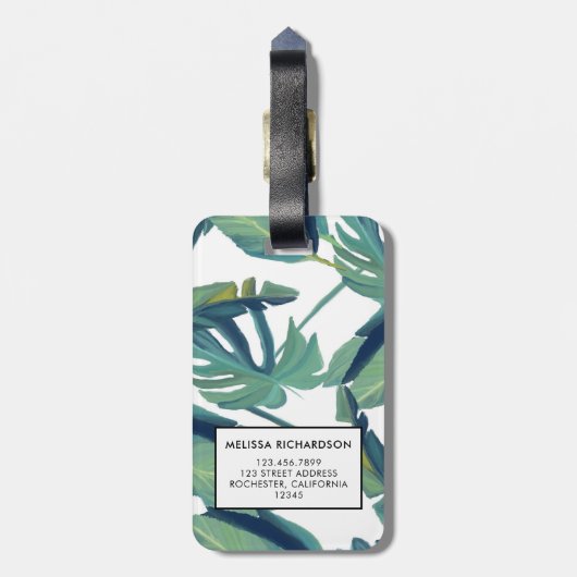 熱帯モダン緑の水色モノグラ葉ム ラゲッジタグ (裏面縦)