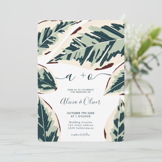 熱帯モダン緑葉4枚結婚写真 招待状 (スタンド正面)