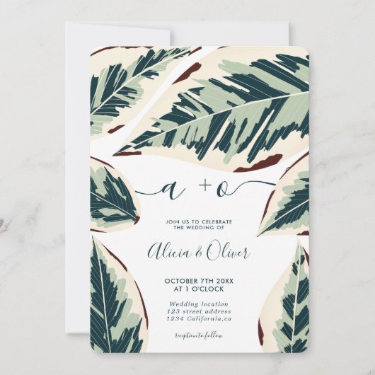 熱帯モダン緑葉4枚結婚写真 招待状 (正面)