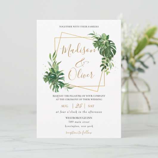 熱帯モダン緑金ゴールド幾何結婚体 招待状 (スタンド正面)