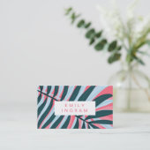 熱帯モダン葉鮮やかなピンク色のティール(緑がかった色)デザイン 名刺 (スタンド正面)