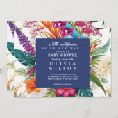 熱帯モダン野カラフル花の赤ちゃん 招待状 (正面/裏面)