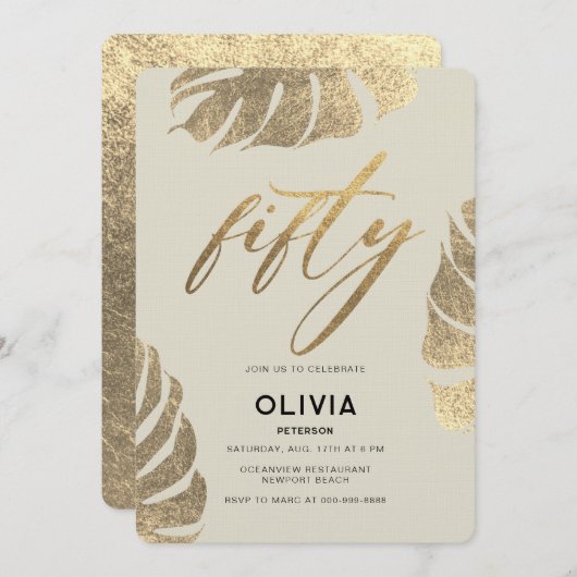 熱帯モダン金ゴールドエレガントの葉50誕生日 招待状 (正面/裏面)
