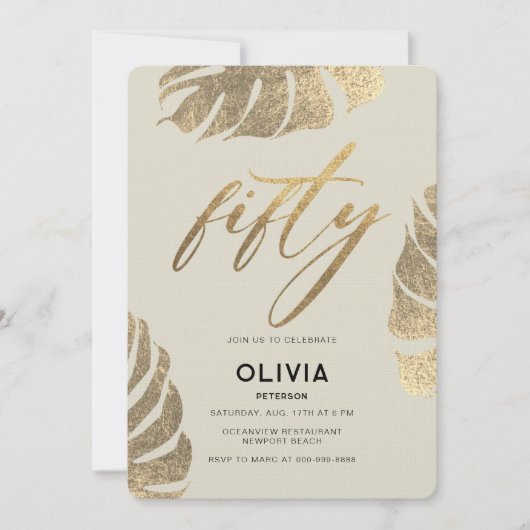 熱帯モダン金ゴールドエレガントの葉50誕生日 招待状 (正面)