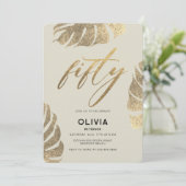 熱帯モダン金ゴールドエレガントの葉50誕生日 招待状 (スタンド正面)