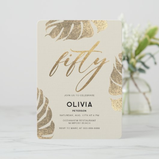 熱帯モダン金ゴールドエレガントの葉50誕生日 招待状 (スタンド正面)