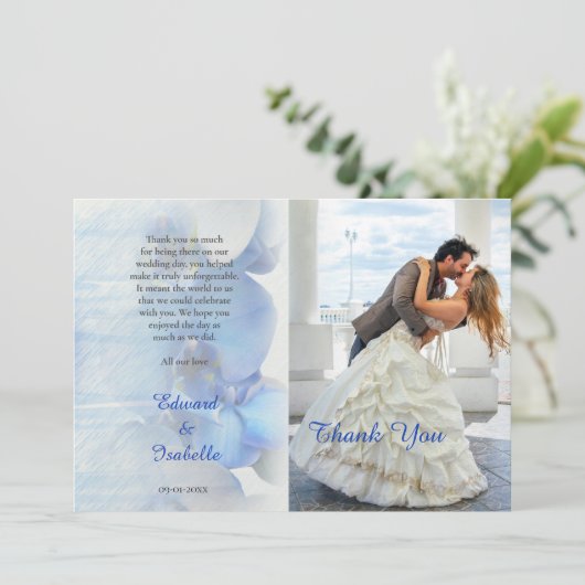 熱帯モダン青蘭フローラの結婚写真 サンキューカード (スタンド正面)