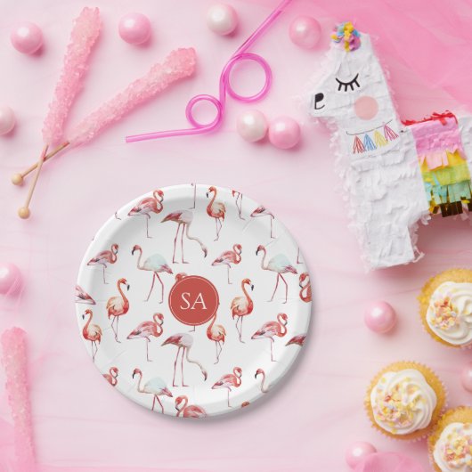 熱帯モノグラムのピンクのフラミンゴの水色 ペーパープレート (パーティー)
