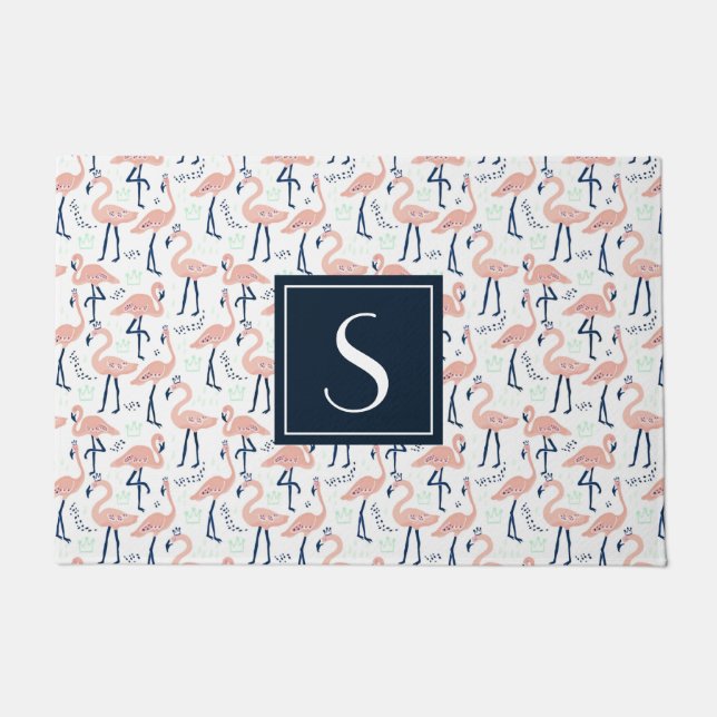 熱帯モノグラムのピンクのフラミンゴ模様マウス ドアマット (正面)