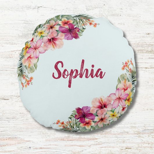 熱帯モノグラムのピンクの花フローラ ラウンドクッション