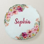 熱帯モノグラムのピンクの花フローラ ラウンドクッション (正面)
