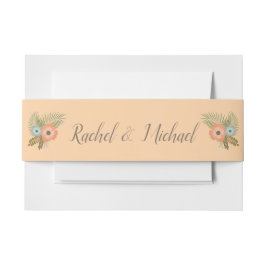 熱帯モモおよびティール（緑がかった色）のビーチの花柄 招待状ベリーバンド