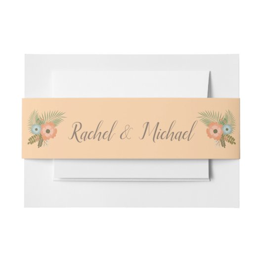 熱帯モモおよびティール(緑がかった色)のビーチの花柄 招待状ベリーバンド (正面例)