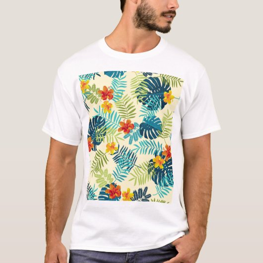 熱帯モンスターハイビスカス夏パターン Tシャツ (正面)