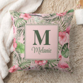 熱帯モンステラおよびフラミンゴモノグラム クッション (ブランケット)