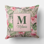 熱帯モンステラおよびフラミンゴモノグラム クッション (裏面)