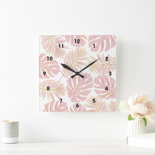 熱帯モンステラとパーム葉金ゴールドトレンディー スクエア壁時計 (ホーム)
