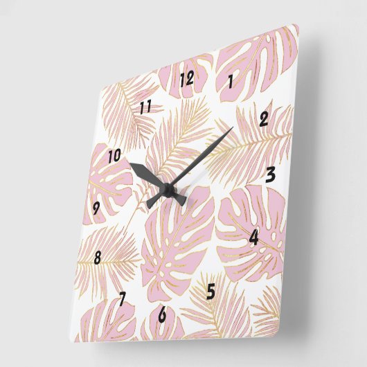 熱帯モンステラとパーム葉金ゴールドトレンディー スクエア壁時計 (傾斜)