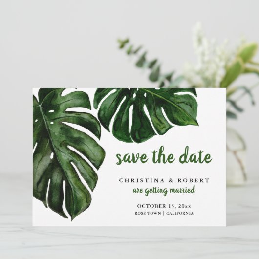 熱帯モンステラの水の色の緑の日付を保存 招待状 (スタンド正面)