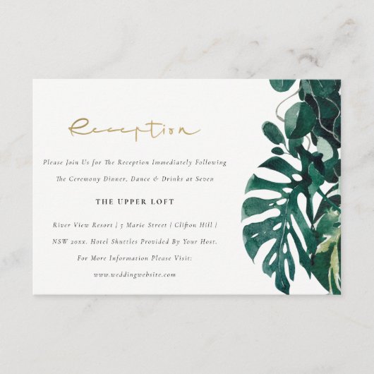 熱帯モンステラの葉の緑の結婚式のレセプション エンクロージャーカード (正面)