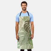 熱帯モンステラレトロ手描きパターン エプロン (着用した状態)