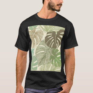 熱帯モンステラレトロ手描きパターン Tシャツ