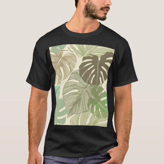 熱帯モンステラレトロ手描きパターン Tシャツ (正面)