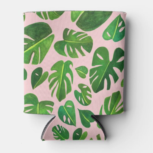 熱帯モンステラ絵画水色の緑 缶クーラー (正面)