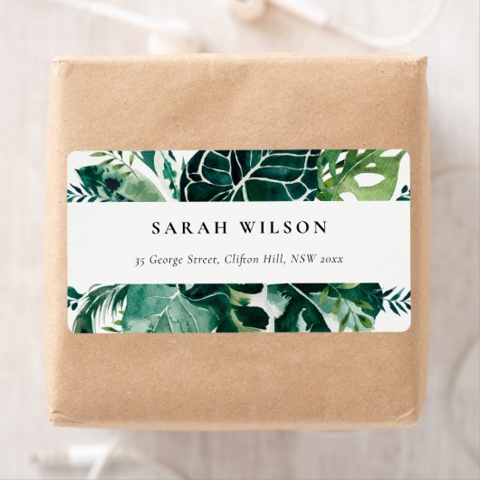 熱帯モンステラ緑の葉の葉のアドレスラベ ラベル (インサイチュ)