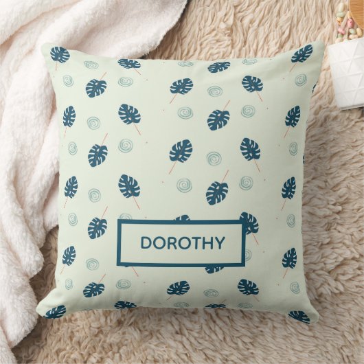 熱帯モンステラ葉スのモノグラム青 クッション (ブランケット)