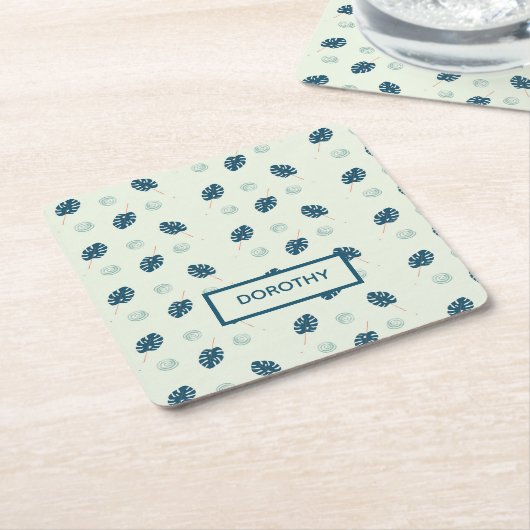 熱帯モンステラ葉スのモノグラム青 スクエアペーパーコースター (アングル)