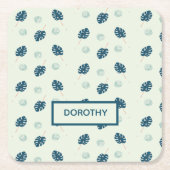 熱帯モンステラ葉スのモノグラム青 スクエアペーパーコースター (正面)