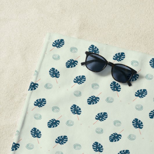 熱帯モンステラ葉スのモノグラム青 ビーチタオル (インサイチュ)