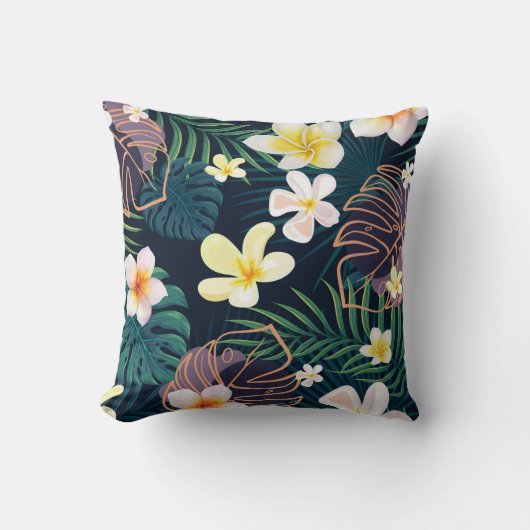 熱帯モンステラ葉プルメリアの花 クッション (正面)