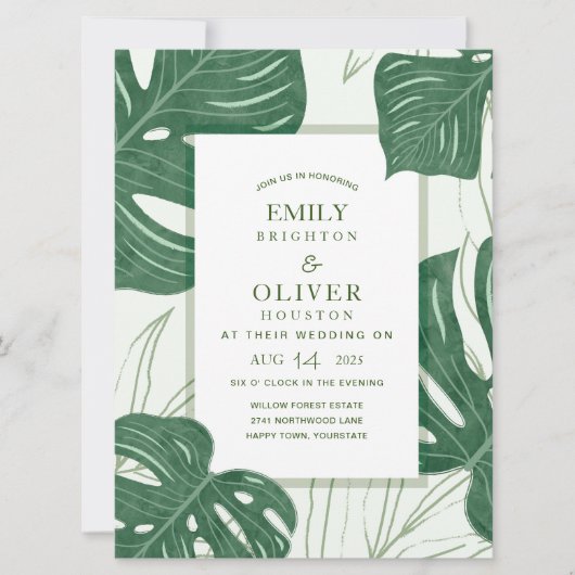 熱帯モンステラ葉結婚式招待状 招待状 (正面)