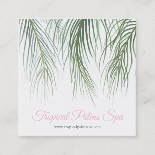 熱帯ヤシのダークグリーンとピンクの水彩アート スクエア名刺 (正面)
