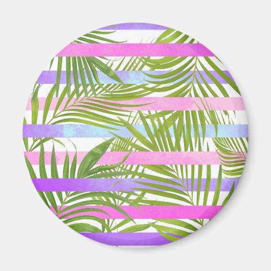 熱帯ヤシの木々、ピンモダンクスミレのストライプ マグネット (正面)