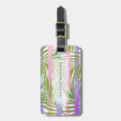 熱帯ヤシの木々、ピンモダンクスミレのストライプ ラゲッジタグ (正面縦)