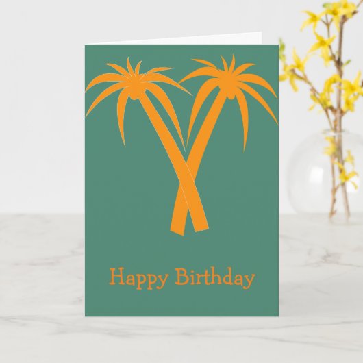 熱帯ヤシの木のオレンジの夏の誕生日 カード (黄色い花)