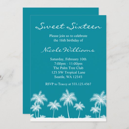 熱帯ヤシの木のティール（緑がかった色）の青い菓子16の招待状 招待状 (正面/裏面)
