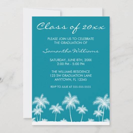 熱帯ヤシの木のティール（緑がかった色）卒業発表 招待状 (正面)