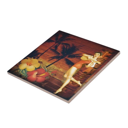 熱帯ヤシの木のトーテムポールのハワイの女の子アロハ タイル (側面)